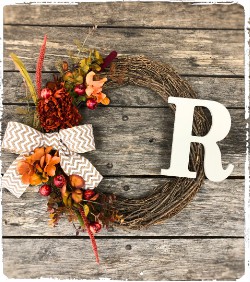 Seasonal Initial Grapevine Wreath with Wood Initial 18" $50